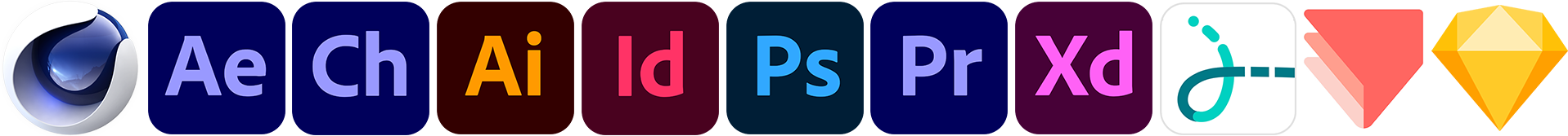 Cinema 4D, After Effects, Character Animator, Illustrator, InDesign, Photoshop, Premiere, XD, Figma and Sketch